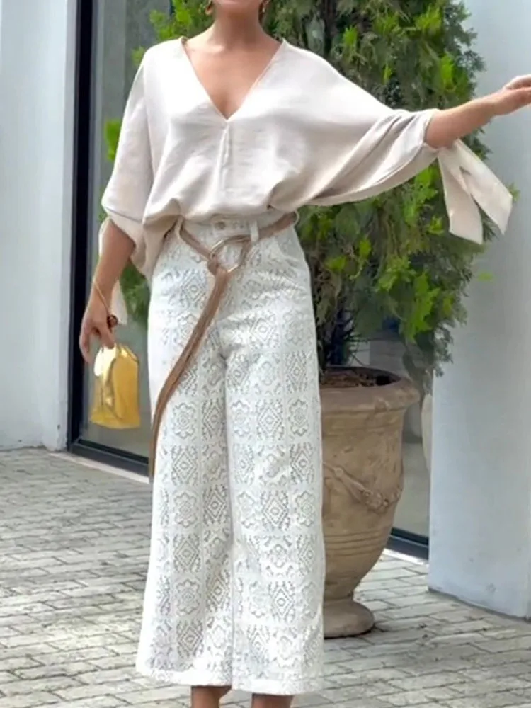 Chique Kant Gehaakte Rechte Broek Outfit Elegant Hoog Taille Woon-werkpak Mode Temperament Lange Mouwen Dames 2-delige set