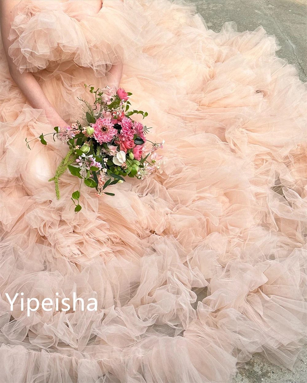 Jiayigong Sparkle ประณีต Yipeisha แฟชั่น Elegant Gown Party Homecoming พับ Draped Tulle ชุดชีฟองกวาด