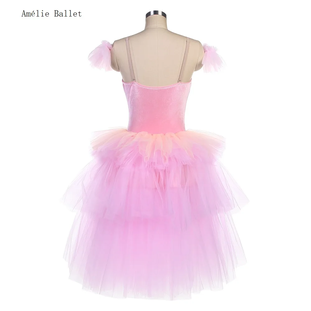 22035 corpete superior de veludo rosa, saia tutu romântica de 3 camadas para meninas e mulheres, performance de palco, roupa de dança, tutu longo de balé