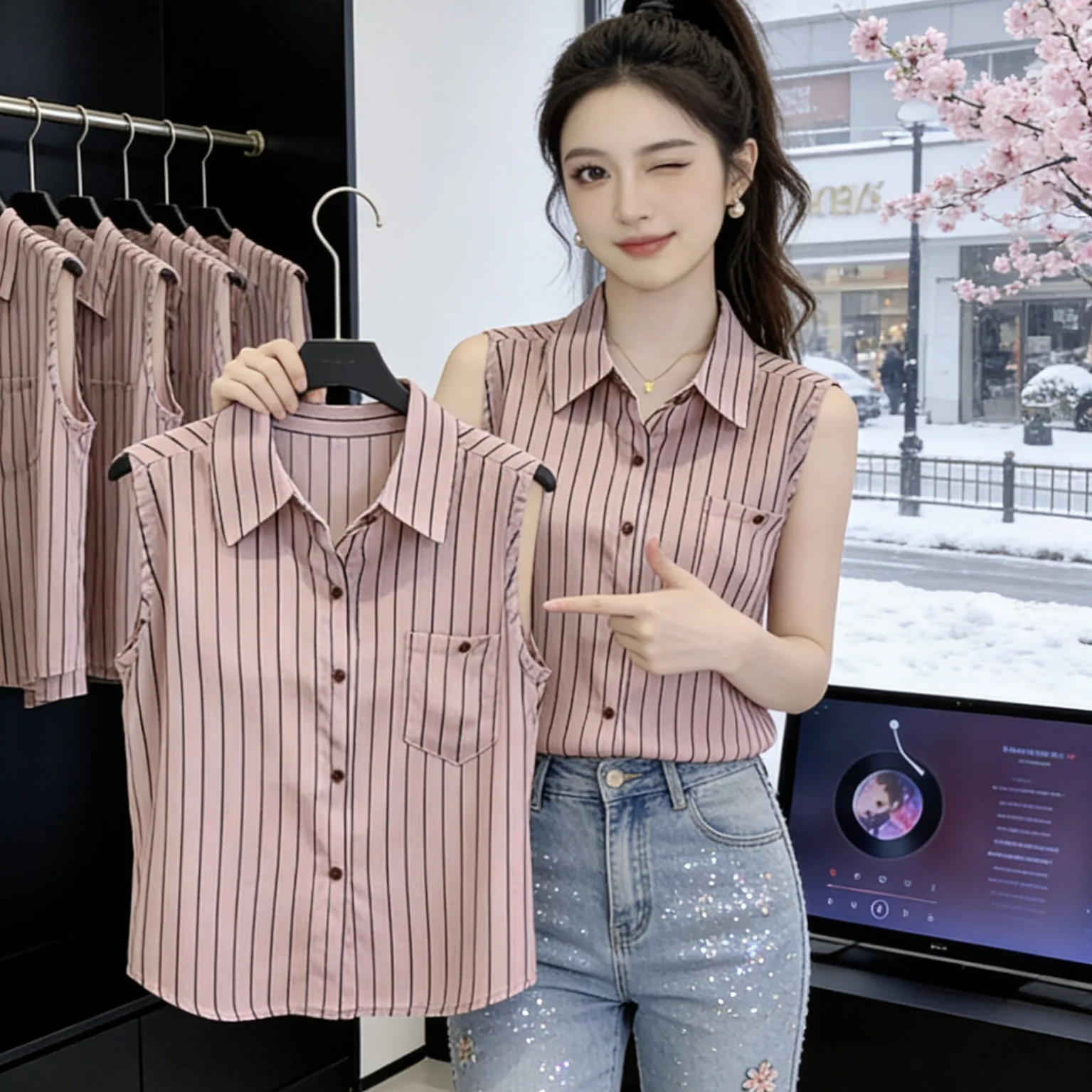 

2026 Summer New Style Women's Sleeveless Stripe Shirt Casual Loose Fit Outerwear Chiffon Base Layer Top Collar Open Card...
