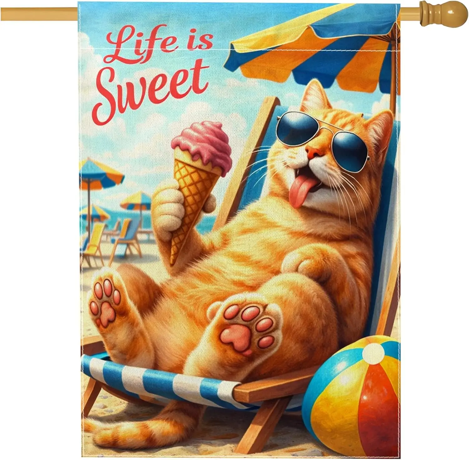 Cat House Flag, Summer Playful Ice Cream Beach Chair Summer Blue Burlap Double Sided Outside Large Garden Flag for Outdoor P MMZ