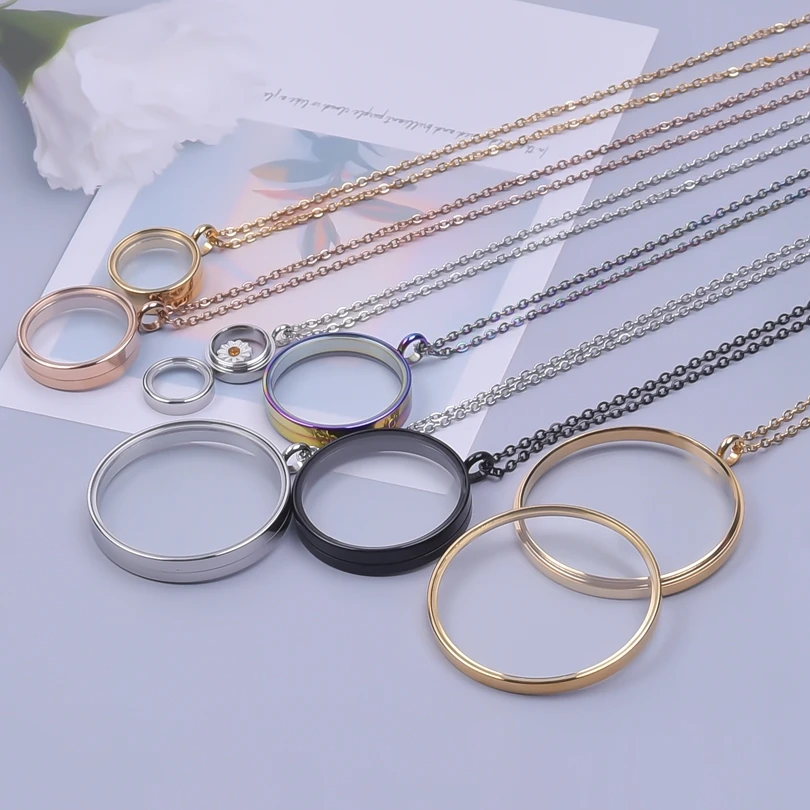 1Pc DY7 Stainless Steel 10-40mm Mix Color Round Glass Memory Coin Holder Picture Locket Pendant Necklaces For Women Men Jewelry