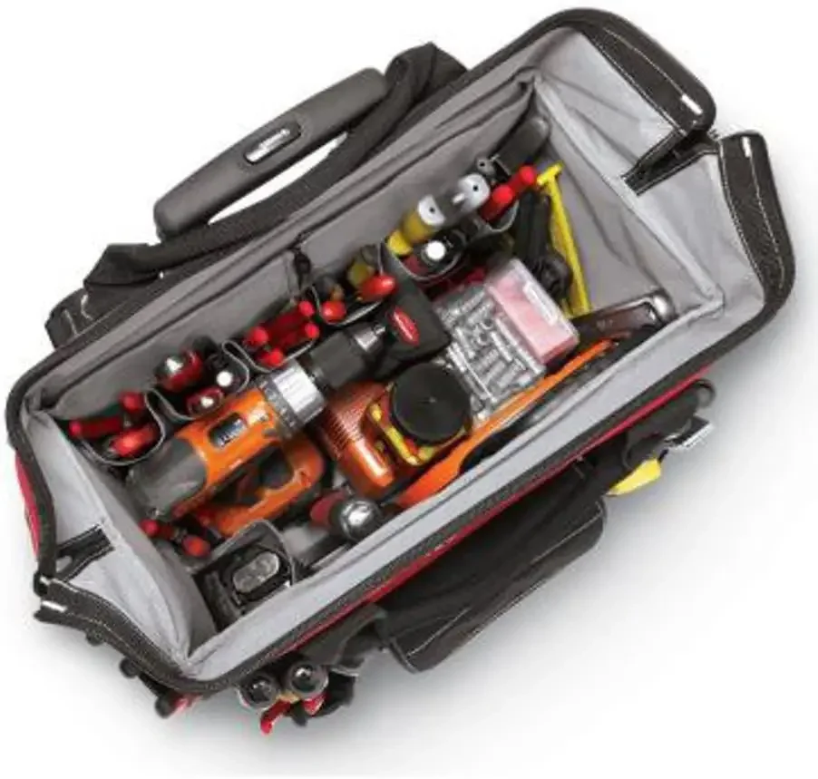 18" 600-Denier Red Water Resistant Contractor's Rolling Tool Tote Bag with Telescoping Handle