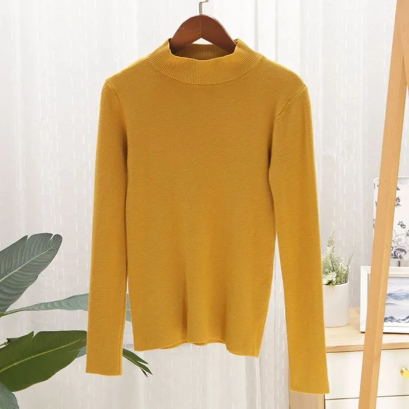 Autumn Winter Mock Neck Sweater Women Solid Color Casual Basic Long Sleeve Knitted Pullover Female Korean Slim Base Layer Jumper
