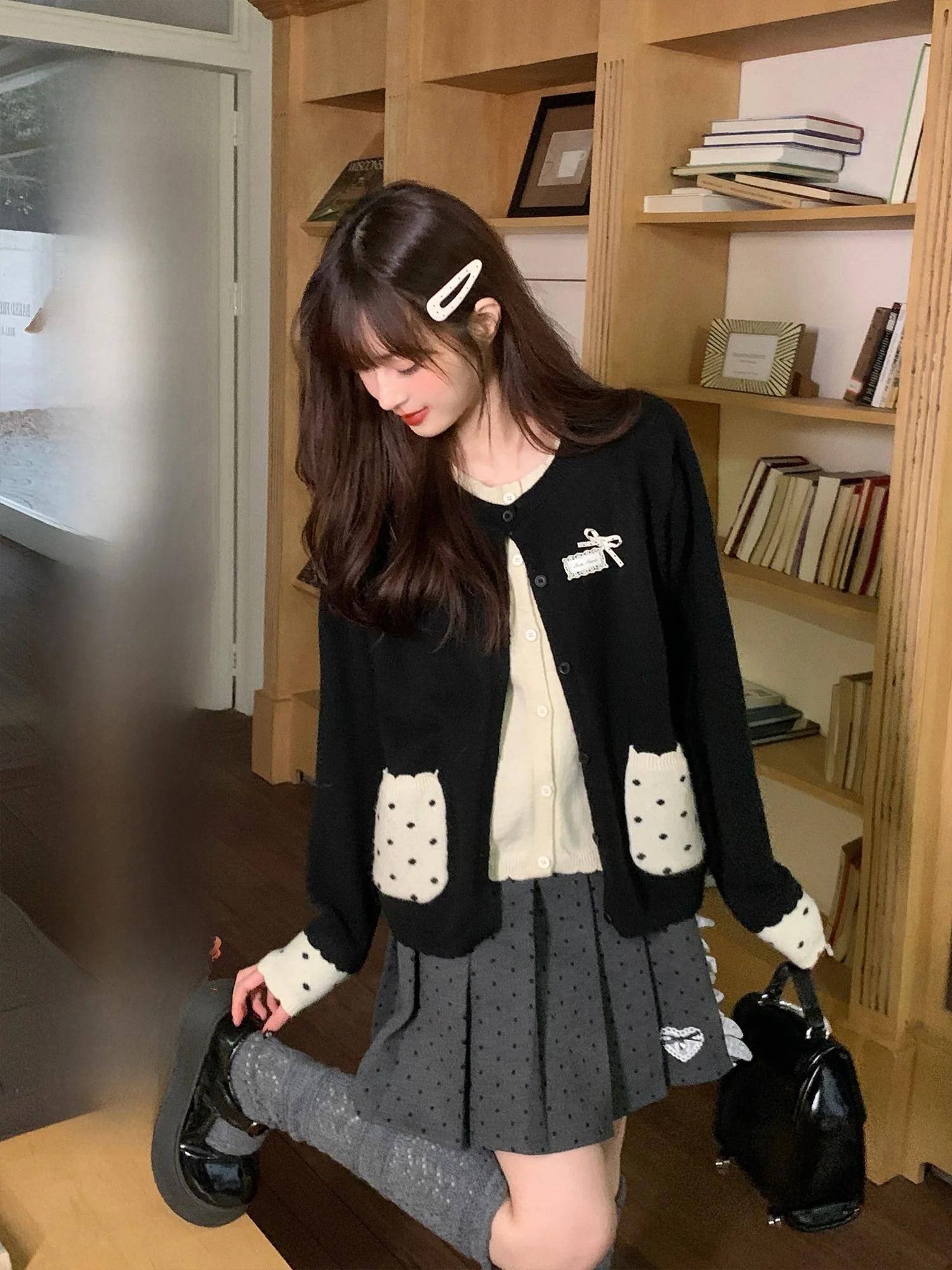 BibiBency Sweet Sle Oreo Cárdigan Abierto de Punto para Mujer, Suéter Fino de Primavera con Bloques de Color, Chaqueta Suave de Manga Larga con Cuello Redondo