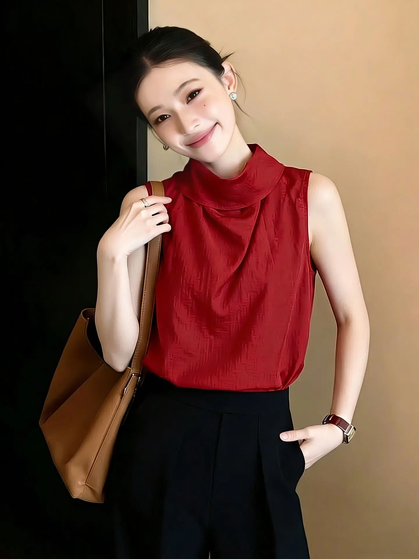 

Faionable Red Svel irt Women's Top High-End Brand European Sle Spring Summer Ele Small irt Korean Version