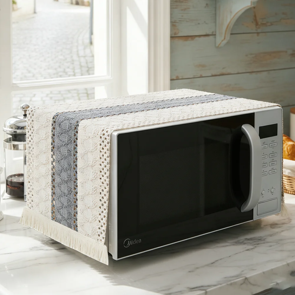 1pc Microwave Dust Cover Hollow Grey Beige Stripe Tassel Trim Dustproof  Kitchen Home Decor Microwave Oven Top Protector Towel