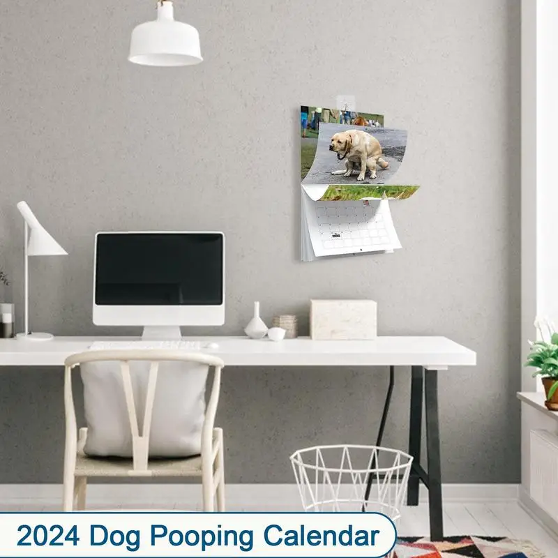 Wall Calendar Dog Pooping Monthly Wall Calendar 2024 Durable Paper Made Hangable Calender Charm For Home Hostel Living Room