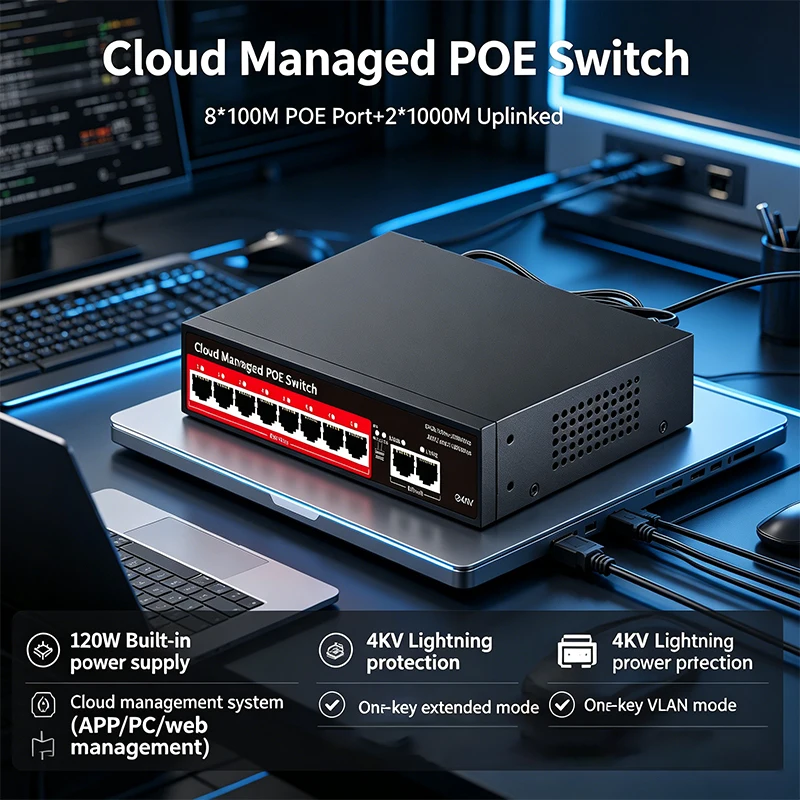 

﻿ Cloud PoE Switch 120W 8x100M PoE Ports 2x1000M Uplink 4KV Lightning Protection APP Control One-Key VLAN Extended Mode PS208GM