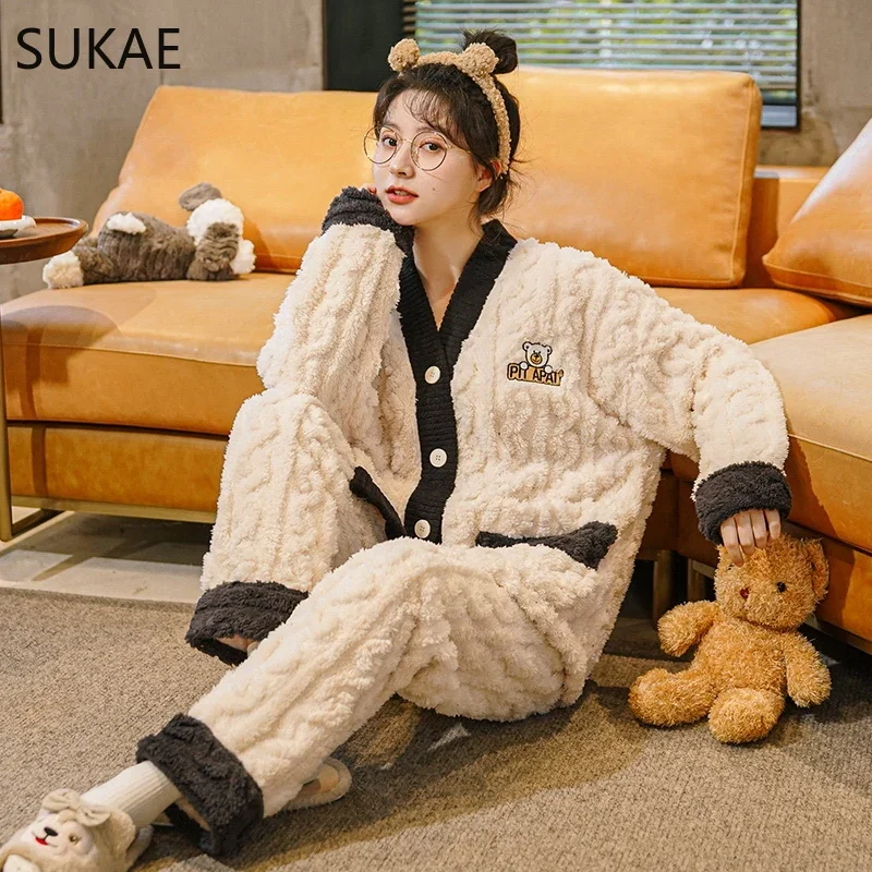 SUKAE Winter Coral Fleece Womens Thermal Pajamas Set Thick Sleepwear Girls Pijamas Kimono Lapel V-neck Homewear Fluffy Nightwear