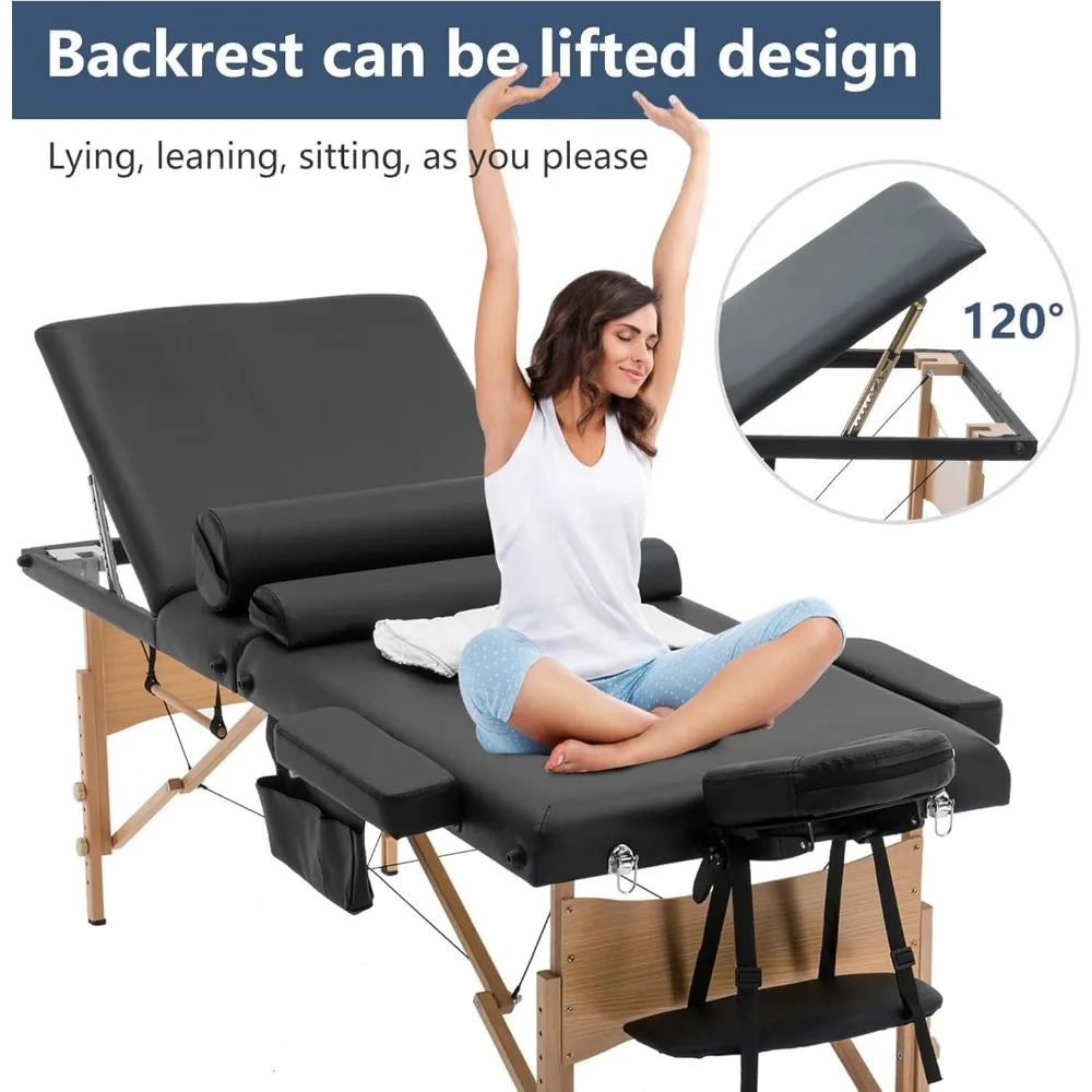 سرير تدليك طاولة تدليك محمولة سرير لاش قابل للطي ارتفاع قابل للتعديل طاولة سبا مع شماعة المناشف وحقيبة الزيت نصف مسند