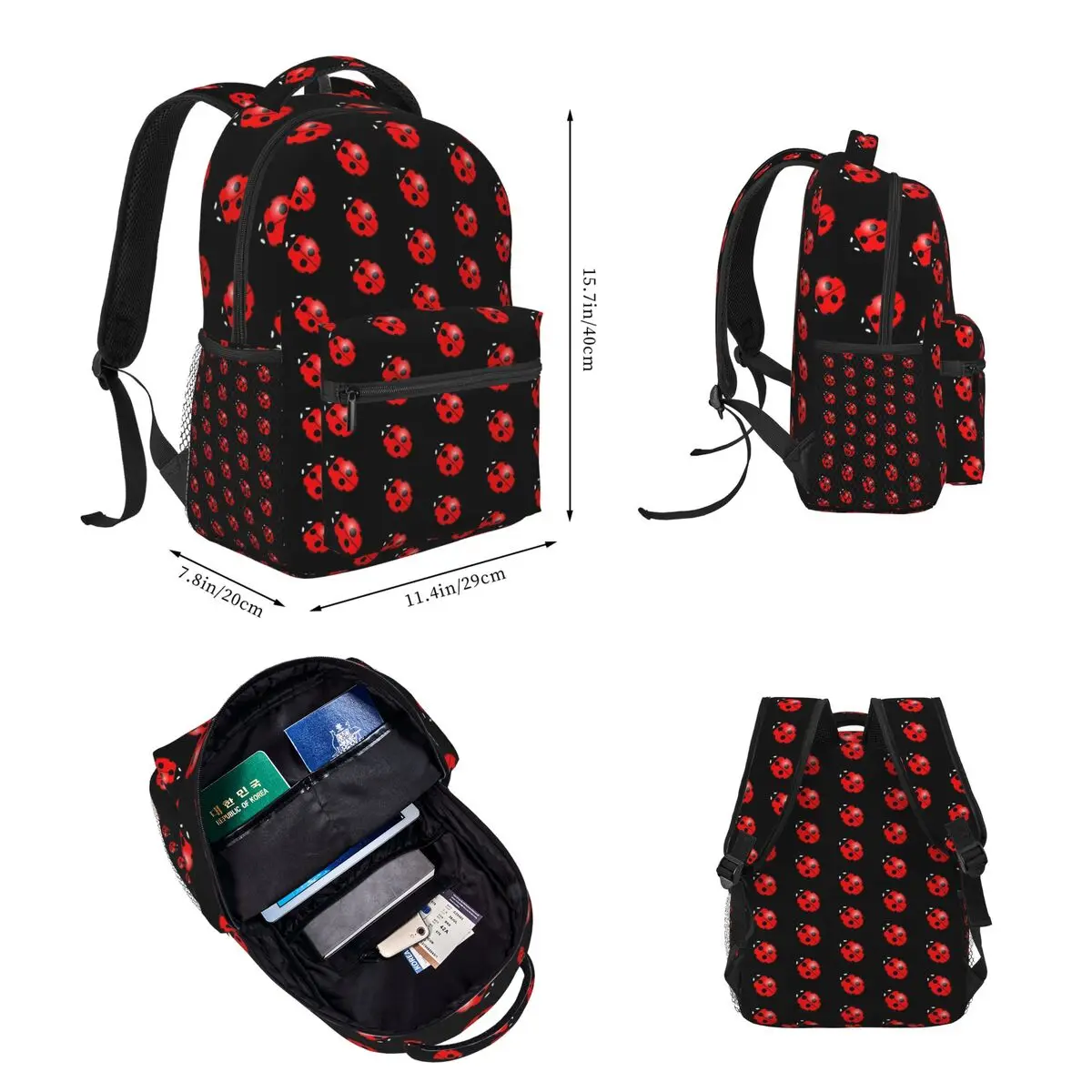 Black Ladybug Pattern Socks Backpacks Boys Girls Bookbag School Bags Cartoon Kids Rucksack Lunch Bag Pen Bag Three-Piece Set