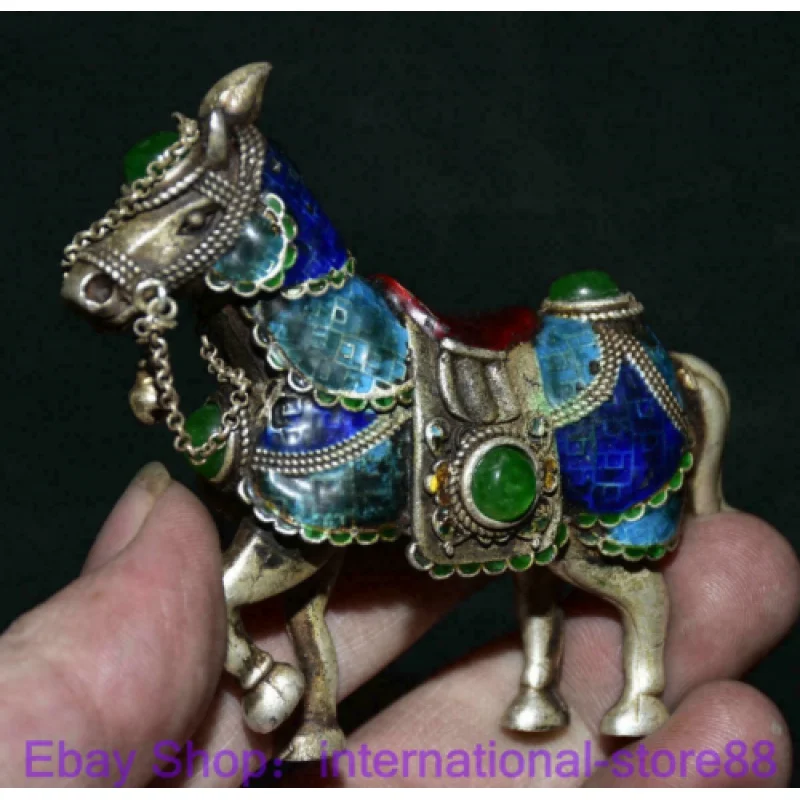 3.6 Inch Old-Fashioned Chinese Cloisonne Silver Inlaid Green Jade Gem Hose Successful Sculpture