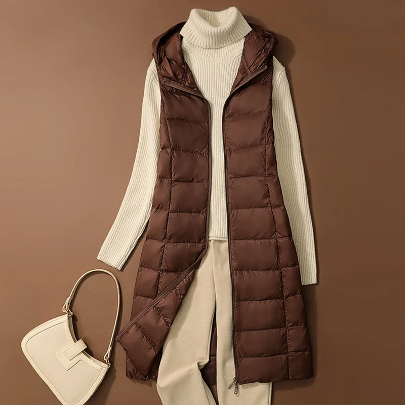 

Autumn Long Duck Down Vest Ultra Light Thin Hooded Jacket Women Winter Feather Warm Basic Casual Waistcoat