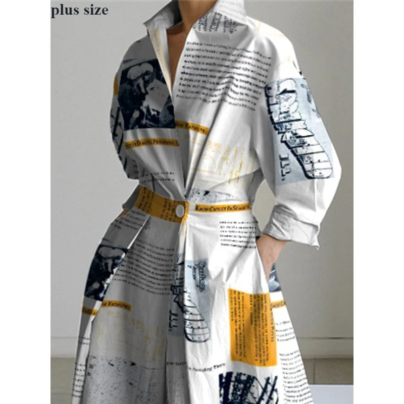

Tinaa Cotton Plus Size Shirts Dresses Women 2025 A-line Printing Folds Turn Down Collar Long Sleeve Long Dress Female 131333