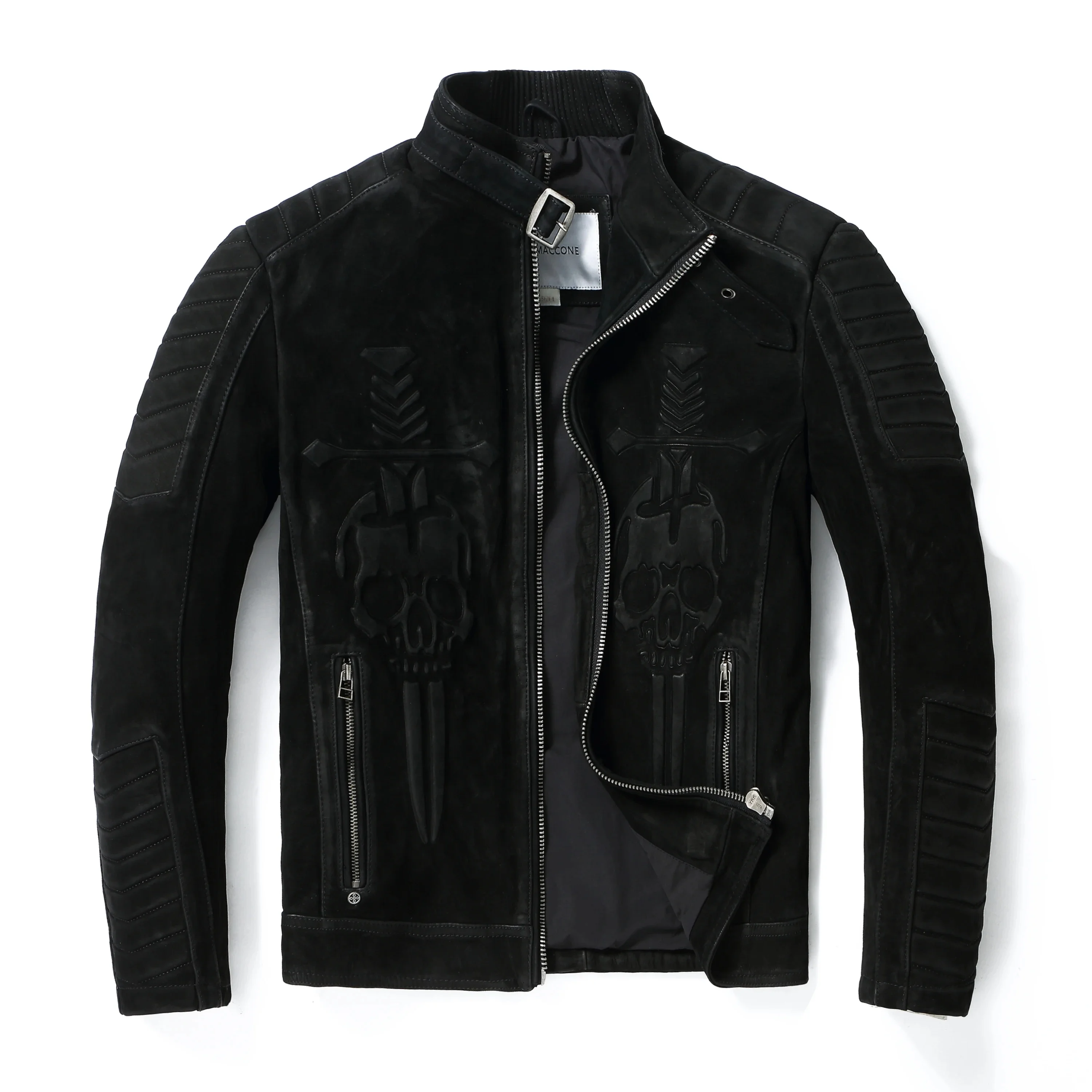 Black Winter Leather Jacket Men Vintage Style Plus Size 3XL Genuine Natural Thick Cow Suede Stand Collar Skulls Pattern Coat