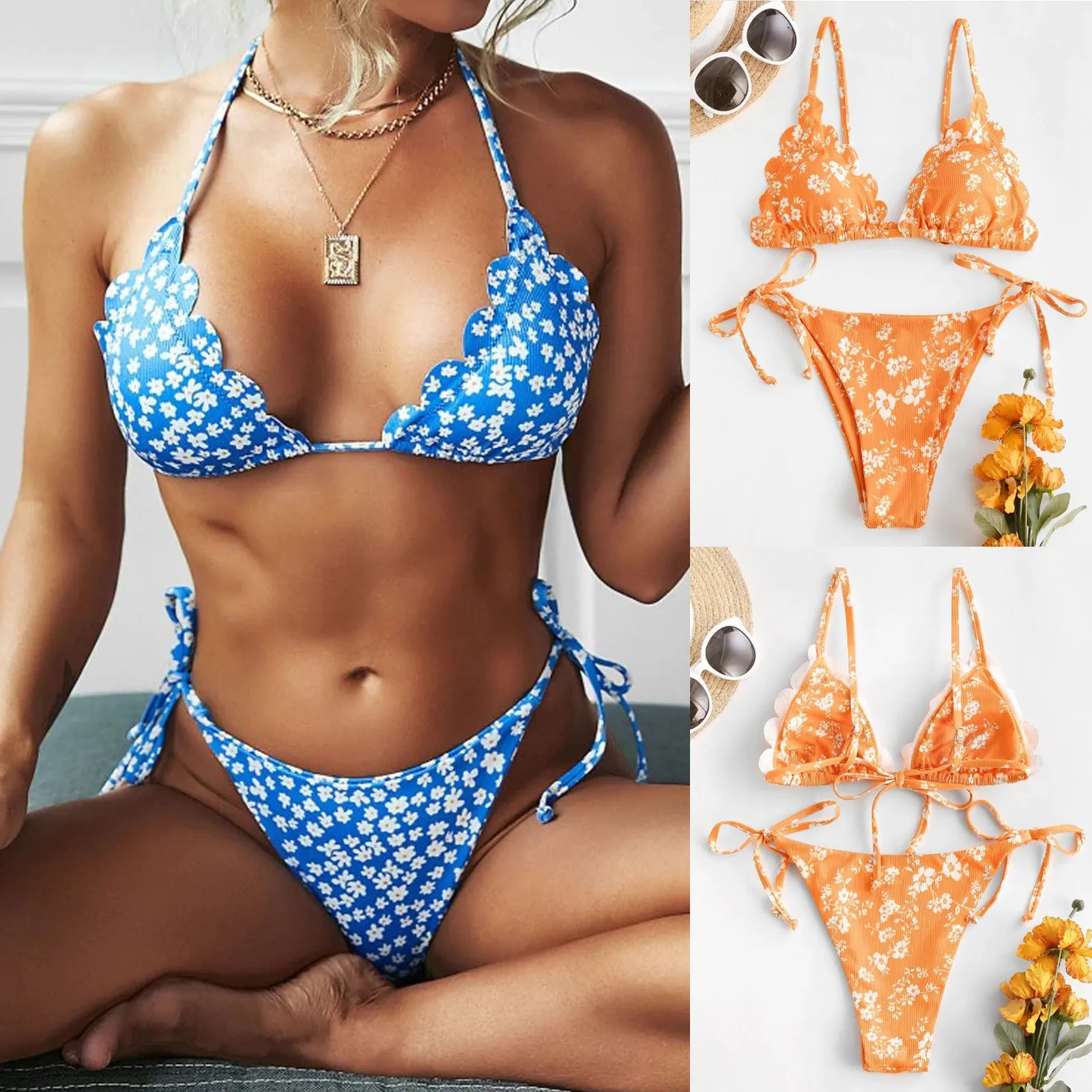 Piece Print Print High Ruched Retro Set Waist Women Bikini Two Halter Swimwears Tankinis Set women's beach swimming trunks