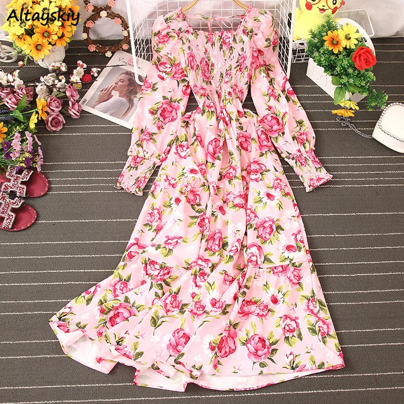 Long Sleeve Dress Women French Style Vintage Floral Spring Casual New Temper High Waist Chiffon Square Collar Fashion Hot Sale