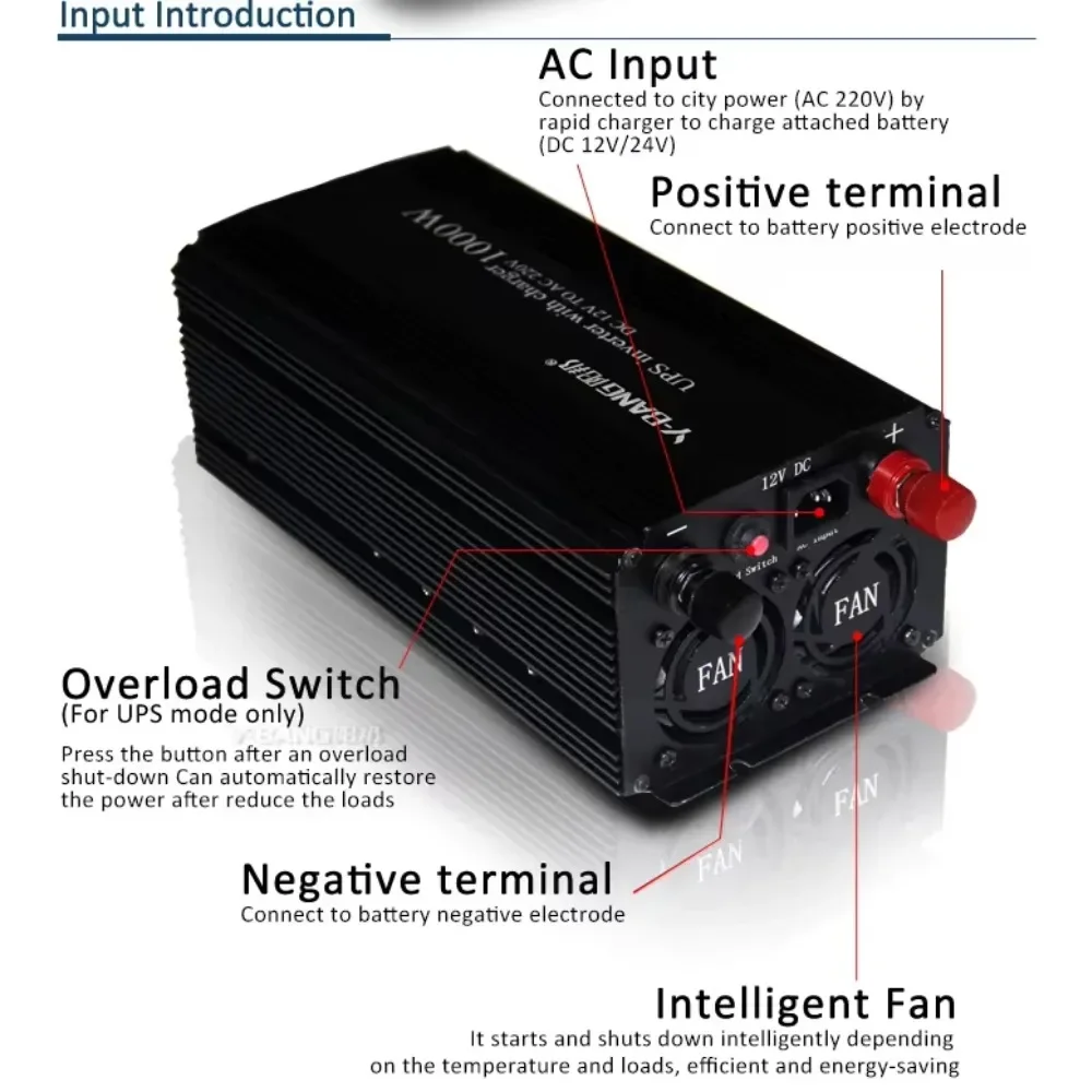 1000W DC 12V to AC 220V Auto Switch Uninterrupted Power Supply Pure Sine Wave Power UPS Inverter with Battery Charger Function