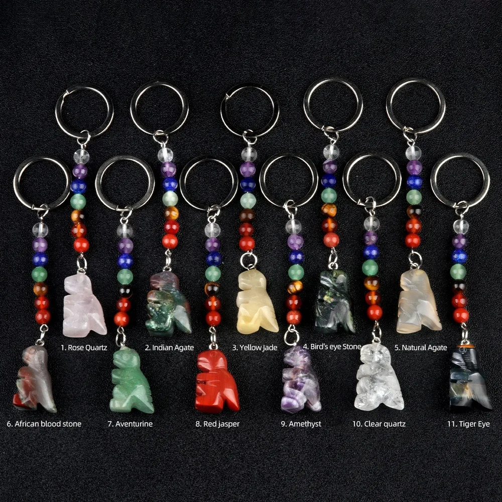 

10pcs Carving Dinosaur Stone Pendant Key Rings 7 Chakra Bead Chain Gem Charms Keychains Healing Crystal Keyrings for Women Men