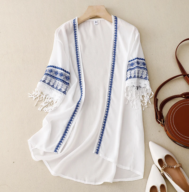 

Vintage Ethnic Print Boho Style Embroidery Kimono Cardigan With Fringe Women Summer Open Front Long White Shirts Beach Cover Ups