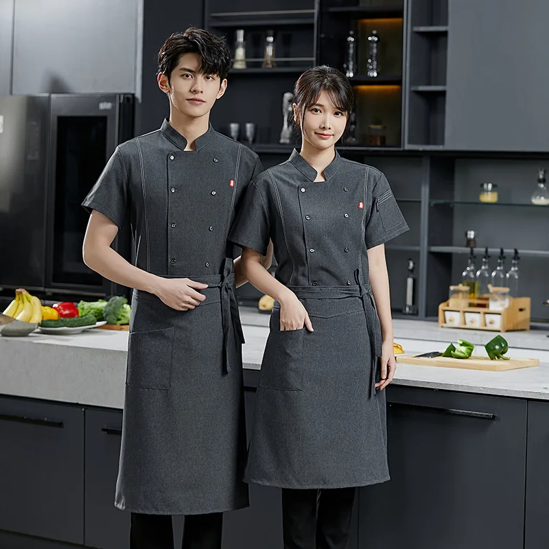 High-End Chef Overalls Breathable Short Sleeve Men's PrintloogHotel Tea House Dining Kitchen Dedicated Wear-Resistant Overalls F