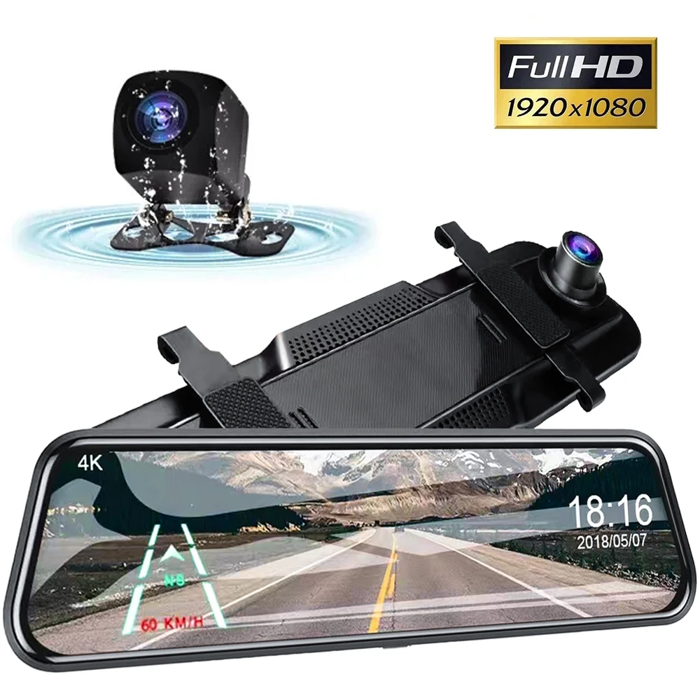 Dashcam-Cámara de salpicadero multimedia Stream, espejo retrovisor IPS, pantalla táctil, visión nocturna, grabadora de vídeo, doble lente, 10 pulgadas, 1080P