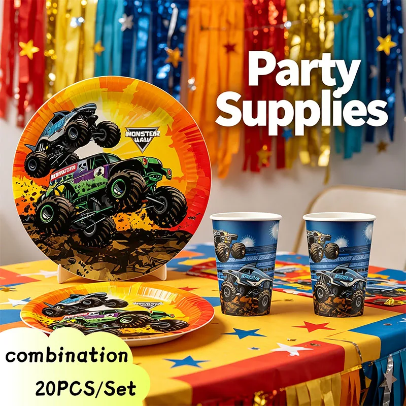 Monster Truck Pappteller und Pappbecher-Kombination, Geburtstagsparty-Geschirr, Dekorationszubehör für Anlässe wie Feiertage und Feste