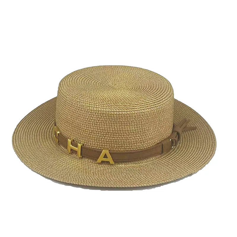 Sun Hats for Women Straw Hat Female Summer Outing Resort Rhinestone CHA Belt Personality Flat Top Hat British Vintage Visor Hat