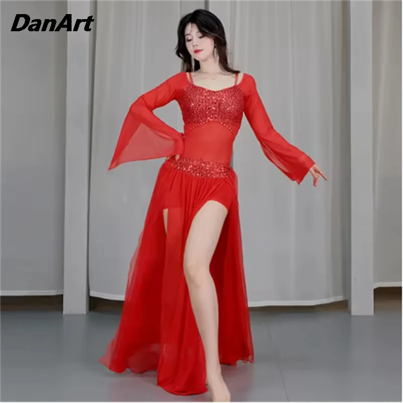 

Elegant Women's Belly Dance Costume New Sequined Mesh Oriental Dance Long Skirt Practice Outfit Stage Performance Costume Set