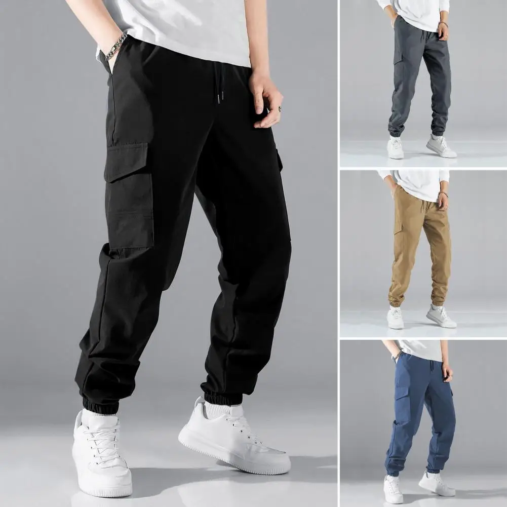 Casual Multi-pocket Pants Adjustable Waist Pants Men's Drawstring Cargo Pants with Elastic Waist Multiple Pockets for Daily