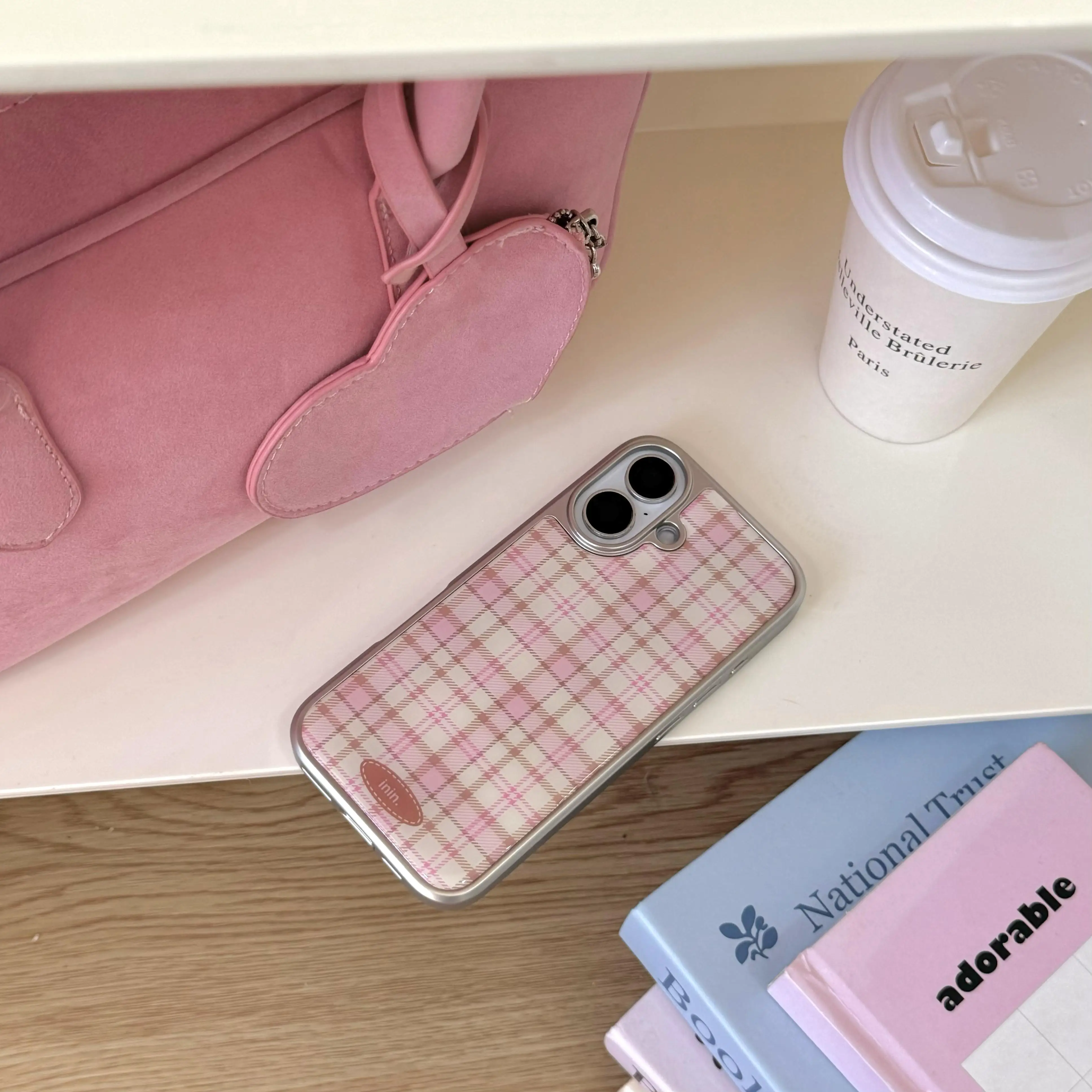 Korean Girly Checker Pattern Electroplated Frame Leather Texture Phone Case for iPhone 17 16 15 14 13 Pro Max Plus Back Cover - náhled 2