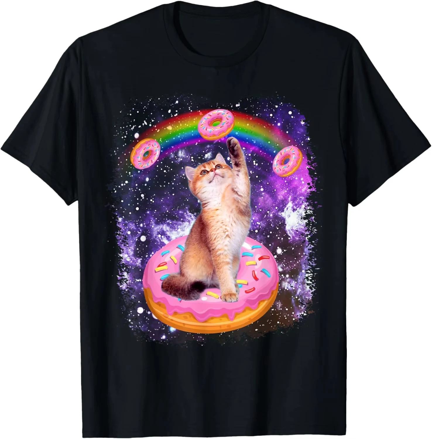 Y2k Tops Space Cat Riding Donut Rainbow Galaxy Kitty Graphic T-Shirt Crew Neck Casual Loose Streetwear Print Tee Unisex