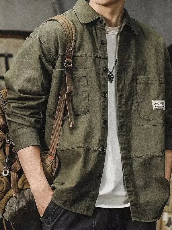 American Style Workwear Shirt Jacket Men's Loose Casual Long Sleeve Open Cardigan Autumn New Arrival Polyester Fiber Breathab...