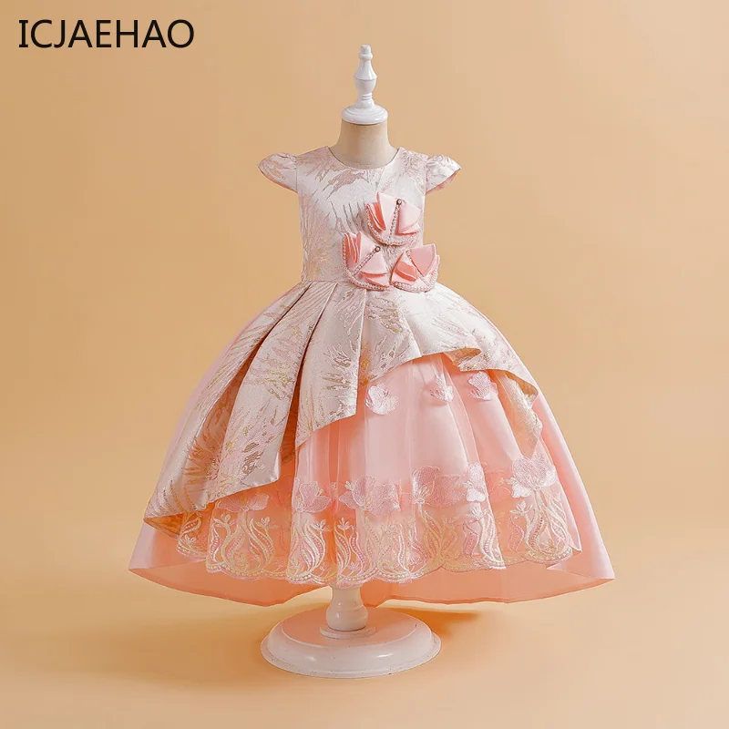 

ICJAEHAO 2024 Satin 3D Pearl Bow Kids Party Dresses for Girls Flower Matching Evening Formal Pageant Prom 6 8Y Vintage Embroiday