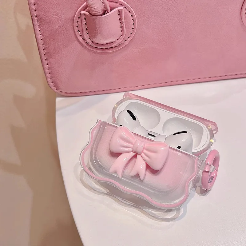Luxury 3D Bow Wave Case for Apple AirPods Pro 2nd Case Pink Floral Girl Cover for AirPods 4 3 2 1 Wireless Box With Keyring Bags
