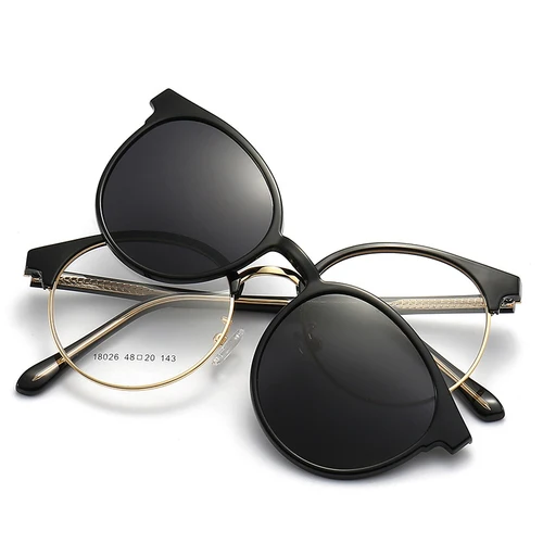 Imagen 2 del producto VCKA-gafas de sol magnéticas para hombre y mujer, lentes polarizadas para miopía, 2 en 1, con Clip, montura redonda, lentes ópticas de-0,5 a-10 grados