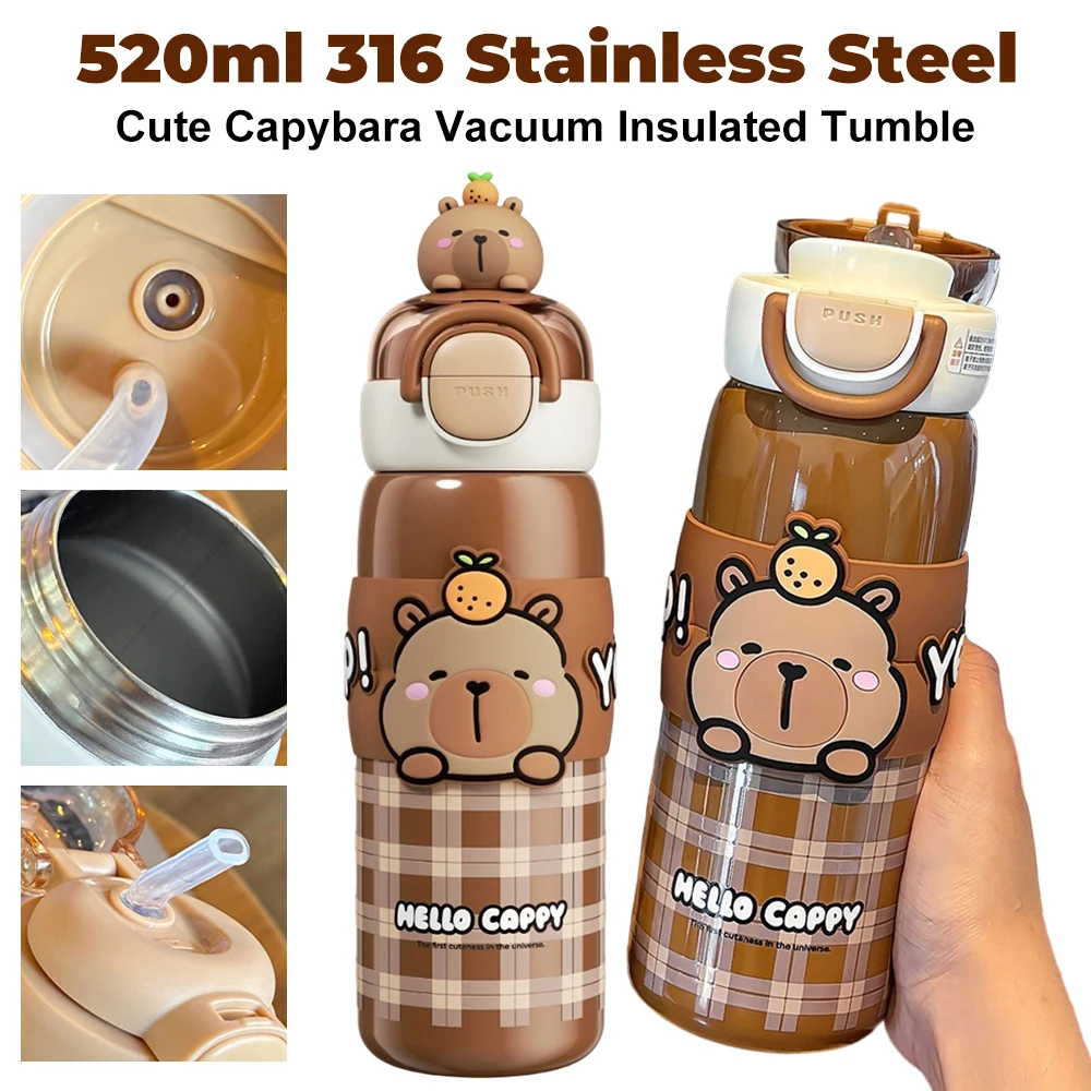 

520 мл вакуумный стакан из нержавеющей стали, милая капибара, аниме, спортивная бутылка для воды, бутылки для молока с крышкой и силиконовой соломинкой