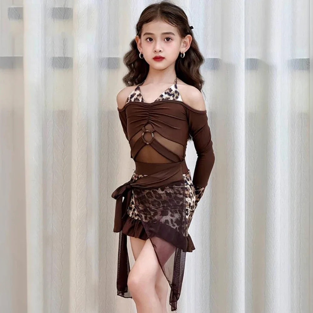 Costume de danse latine pour enfants filles, body et jupes à manches longues en maille imprimé léopard, ensemble de pratique de Performance Rumba Chacha