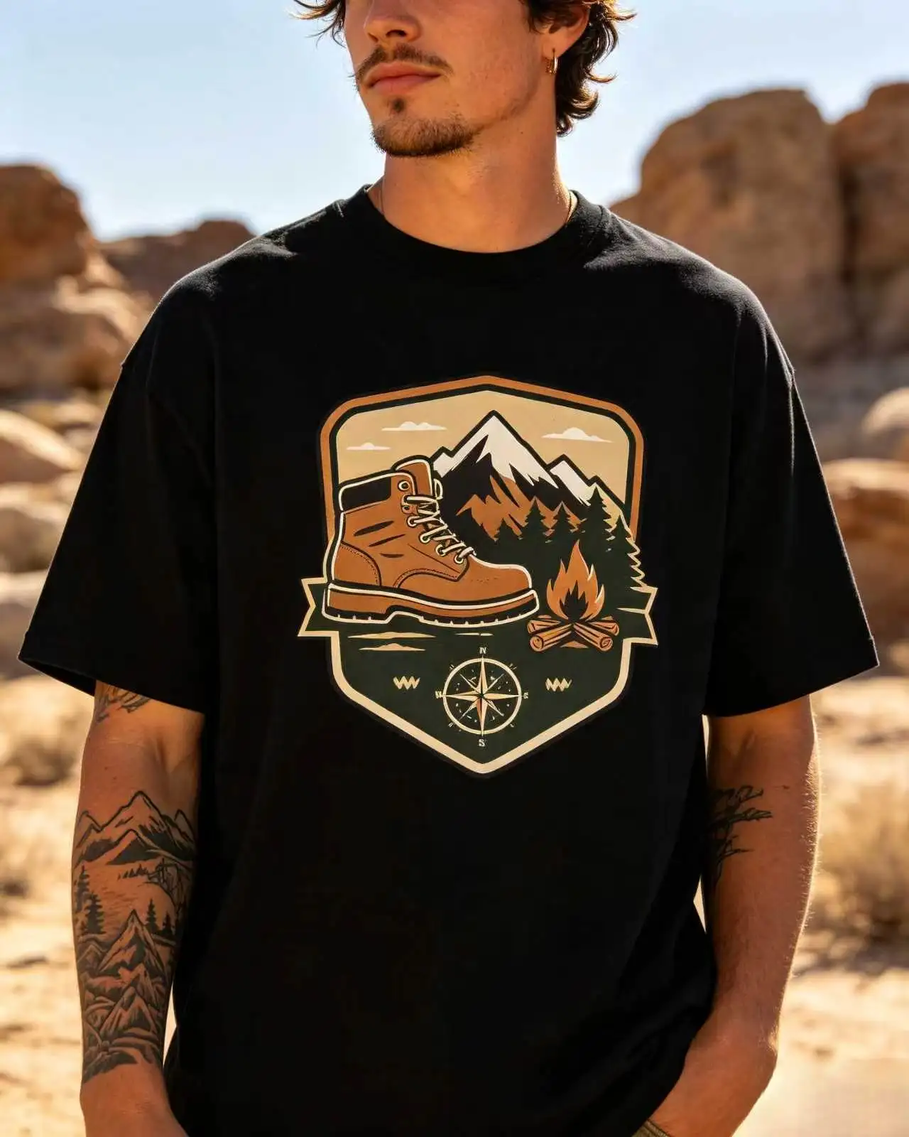 Unisex Outdoor Hiking Boot Mountain Campfire Compass Badge Graphic T‑Shirt Men Women Adventure Vintage Oversized Cotton Tee