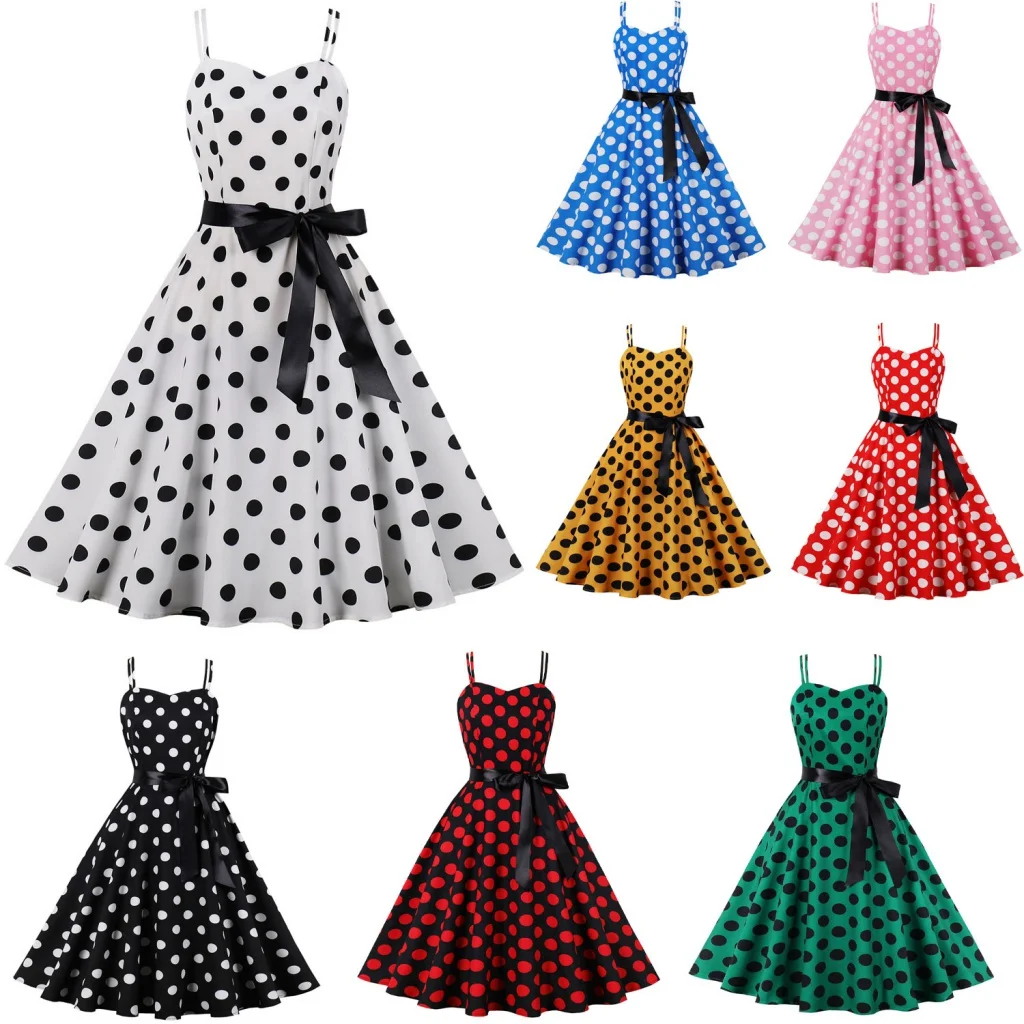 

New Arrivals European and American Elegant New Dress Retro Big Swing Lace-up Polka Dots Printed A- line Slip Dress