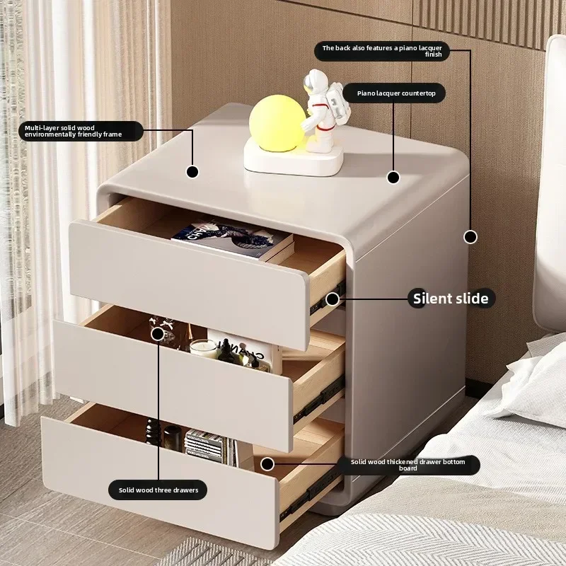 Multi-functional Solid wood paint bedside table, bedroom home installation-free three-layer storage cabinet sturdy and durable