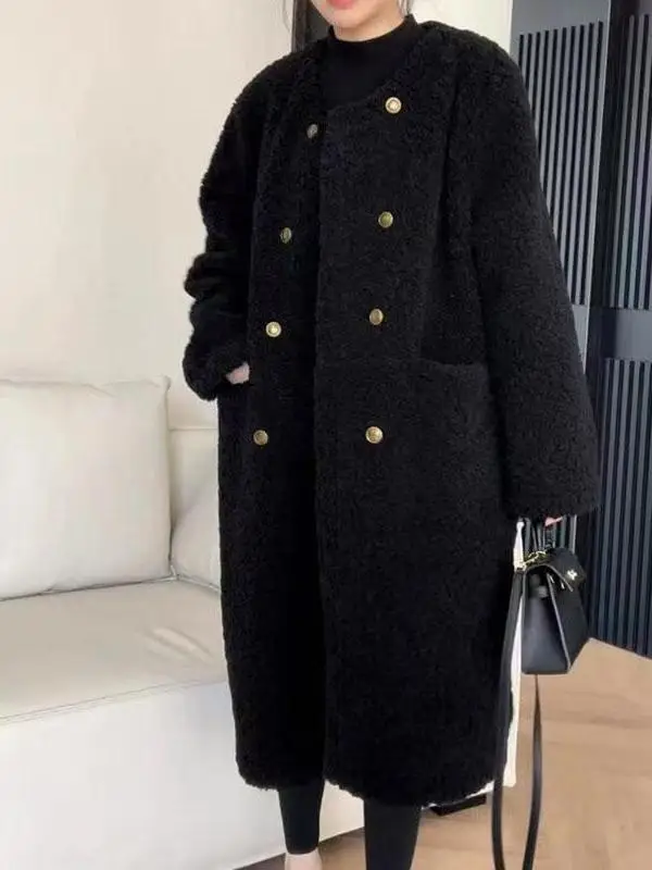 

Женское модное свободное пальто средней длины с мехом ягненка, осень-зима, Новое поступление, универсальная корейская версия с высокой талией