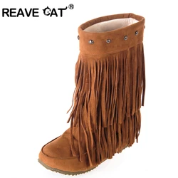 REAVE CAT Women's 2 Layer Fringe Tassels Flat heel Half knee high Boots fur Shoes Big Size 34-47 Snow Boots Zapotos