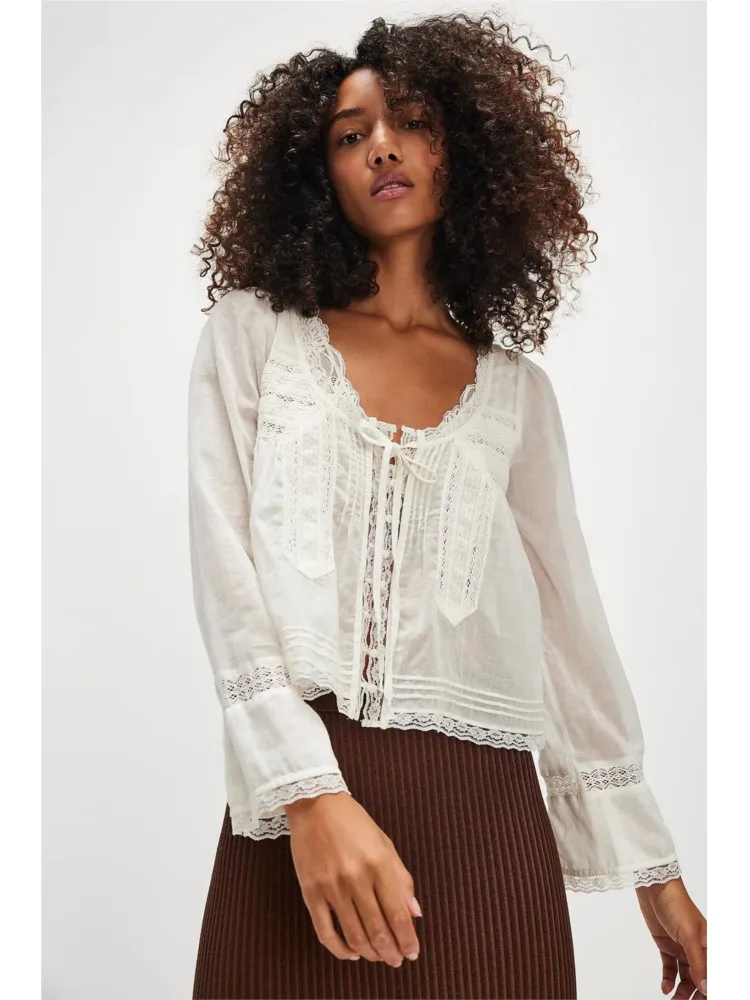 Lace Shirt U-shaped Lace Collar Shirt Spring Summer Women's Long-sleeved Single-breasted Shirt New French Top Blusas De Mujer