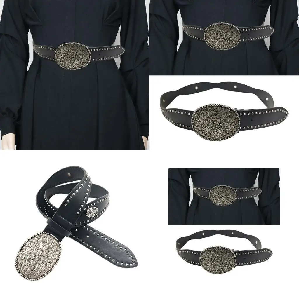 

39BD Punk Carved Waist Belts Studded Chain Retro Waist Belt Cowgirl Body Jewelry