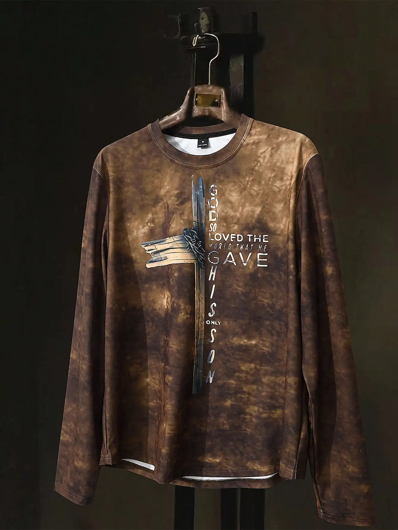 

Men's Distressed Brown Long Sleeve Tee with Cross Graphic and Inspirational Slogan