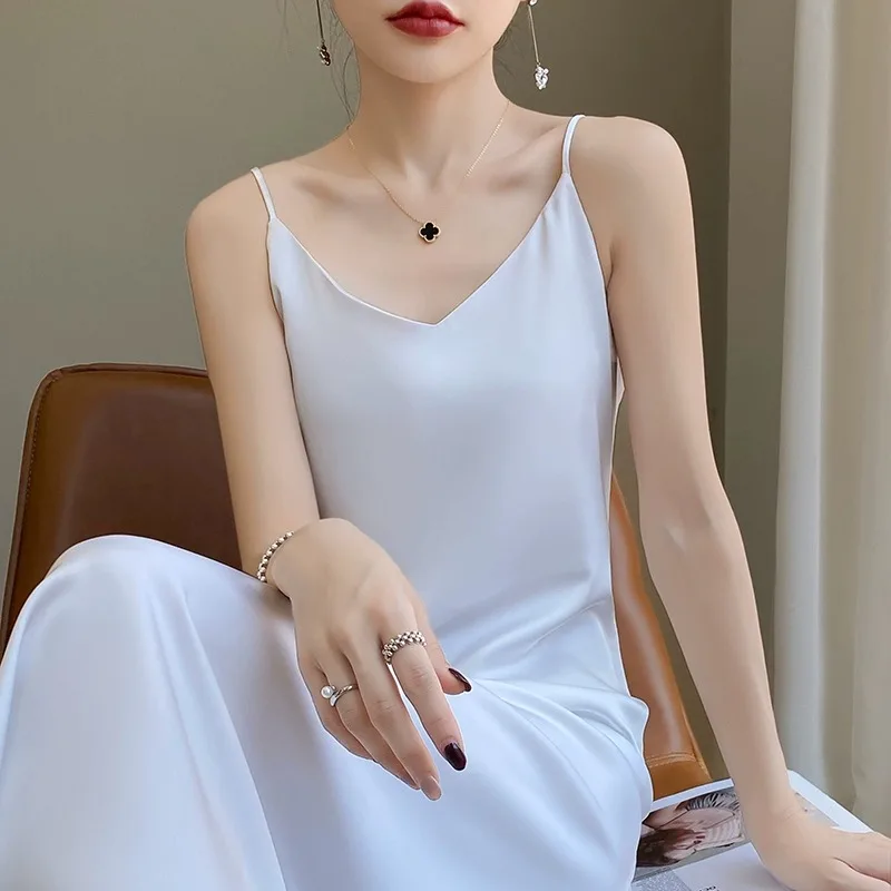 엘레 블라 실크 스트랩 드레스 여성 여름 신상 실크 네임 레이디 롱 실크 새틴 V넥 A라인 드레스 한국 스타일