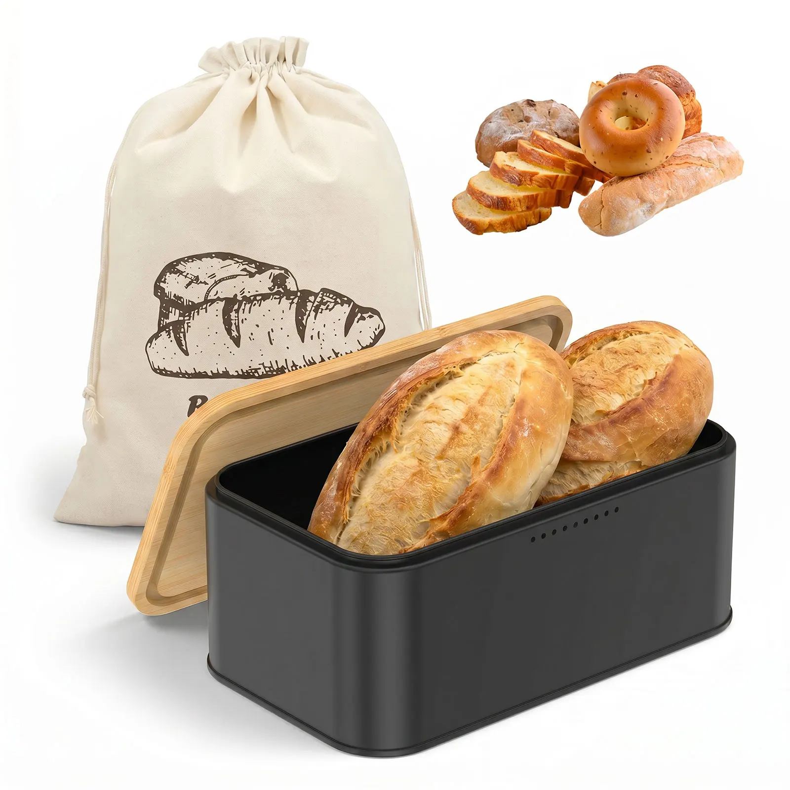 Bread Box Metal Bread Storage Container with Bamboo Cutting Board Lid and Storage Bag Kitchen Ventilated Fresh Keeping Bread Bin