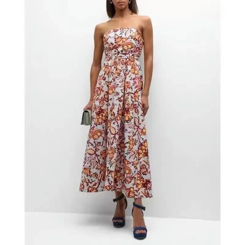 

Cotton printed strapless pocket long dress for women's evening dress robe summer dress